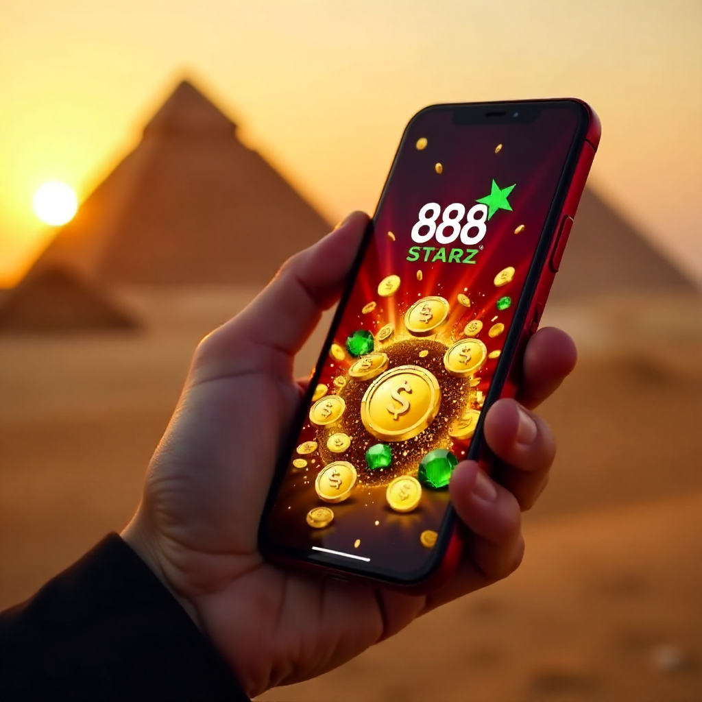 A hand holding a high-end smartphone displaying 888starz app, background featuring the Great Pyramids of Giza during a golden sunset, official red and white brand colors, 3D golden coins and emerald gems flying out of the screen, cinematic lighting, 8k.